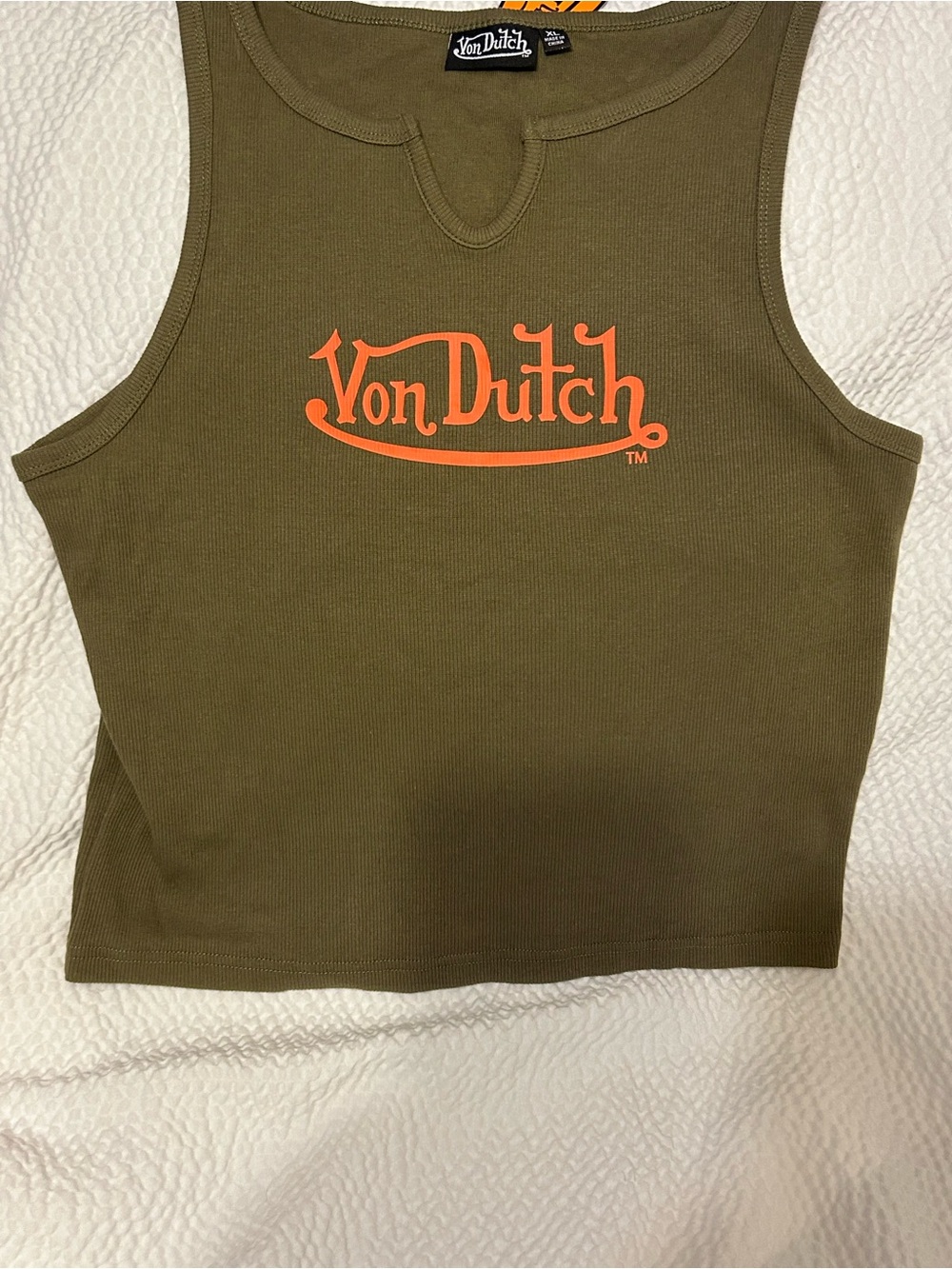 Von Dutch Olive Tank with Bright Orange Logo